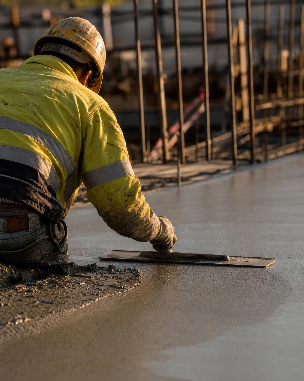 Concrete finisher smoothing a fresh slab by hand