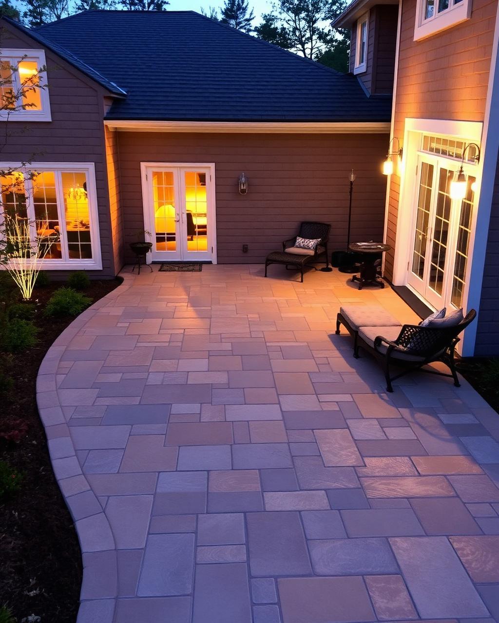 Stamped concrete patio at dusk