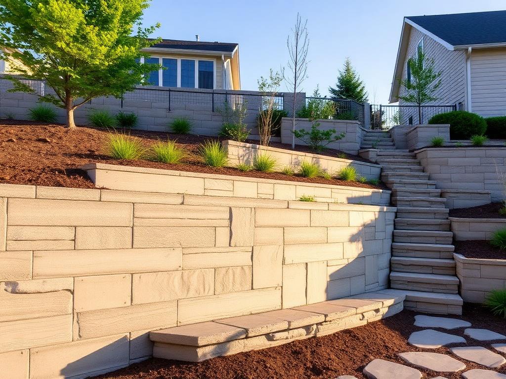 Concrete retaining wall with landscaped steps